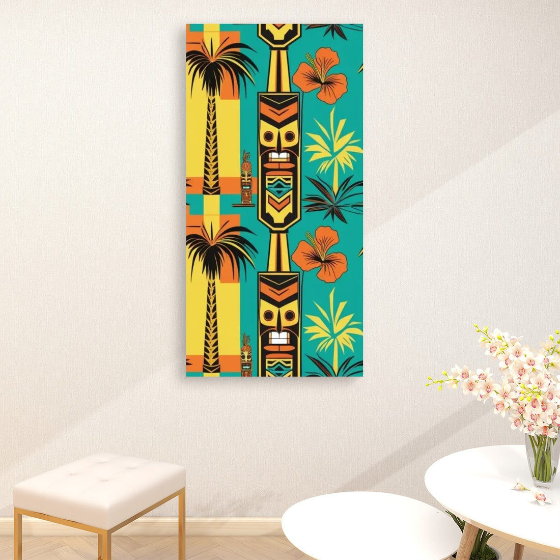 Mid Century Modern Tiki Wall Art, Teal, Yellow, Orange Large Canvas Print - Mid Century Modern Gal