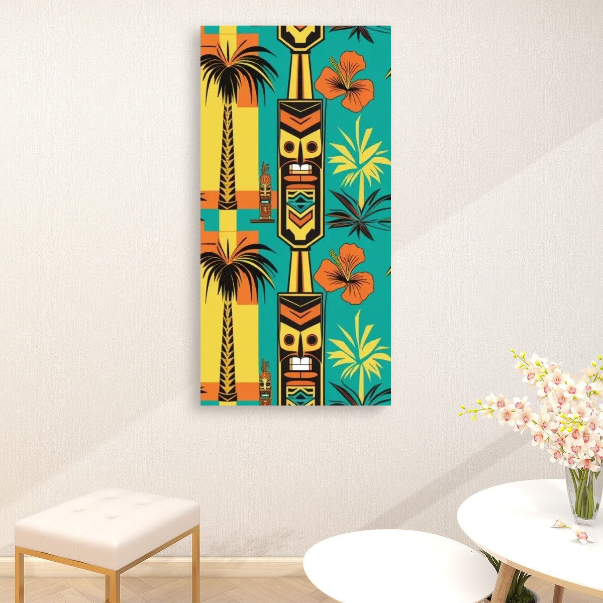 Mid Century Modern Tiki Wall Art, Teal, Yellow, Orange Large Canvas Print - Mid Century Modern Gal