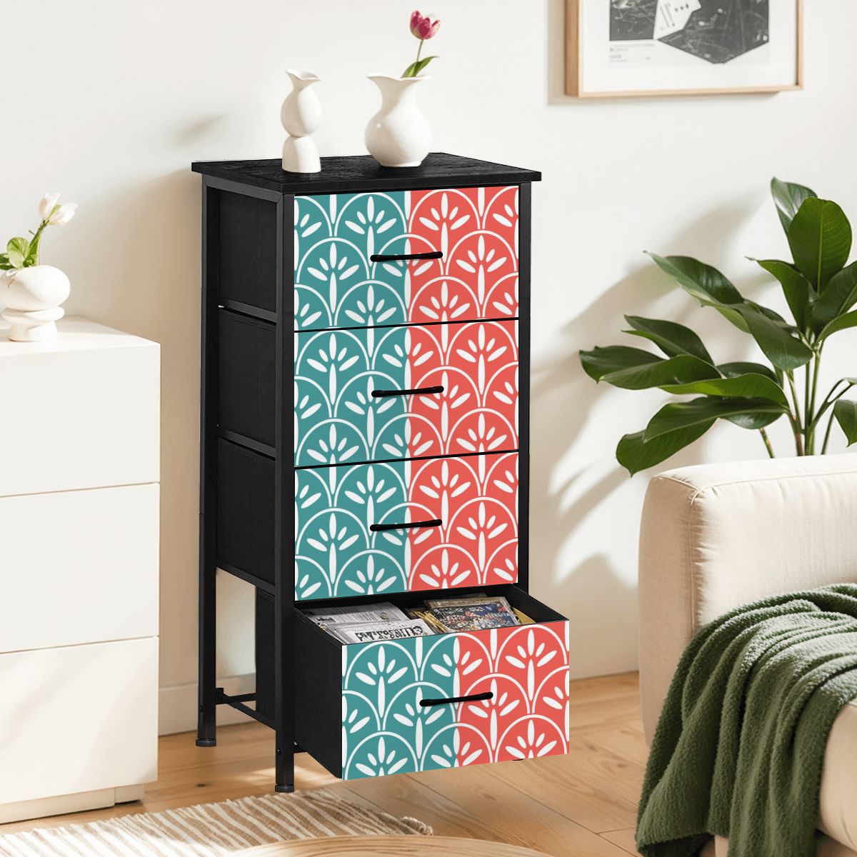 Art Deco Modern Aqua and Coral Stylish &amp; Functional 4-Drawer Dresser - Mid Century Modern Gal