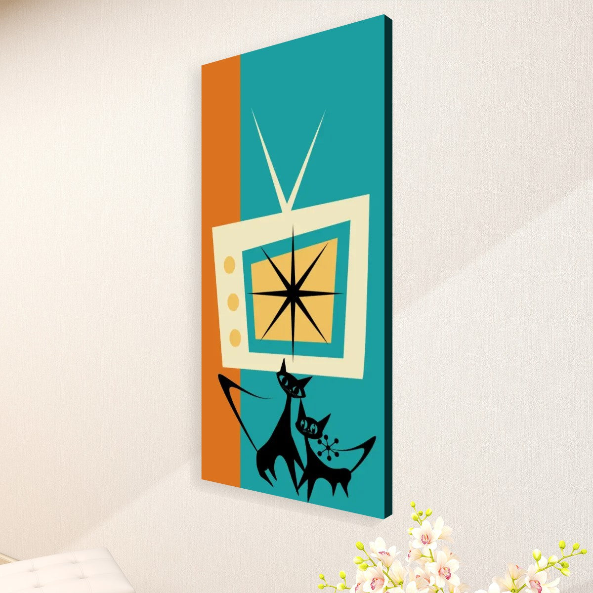 Atomic Cat Wall Art, Kitschy Mid Mod Teal Orange Retro TV Large Canvas - Mid Century Modern Gal