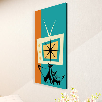 Atomic Cat Wall Art, Kitschy Mid Mod Teal Orange Retro TV Large Canvas - Mid Century Modern Gal