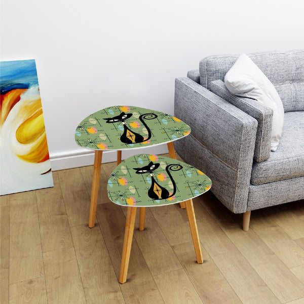 Atomic Cat Mid Century Modern Green Starburst Kitschy Modern Nesting Tables