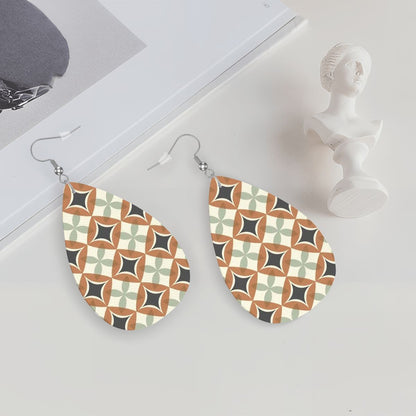 Mid Century Modern Interlocking Geometric, Terracotta Sage Charcoal Vegan Leather Teardrop Earrings - Mid Century Modern Gal