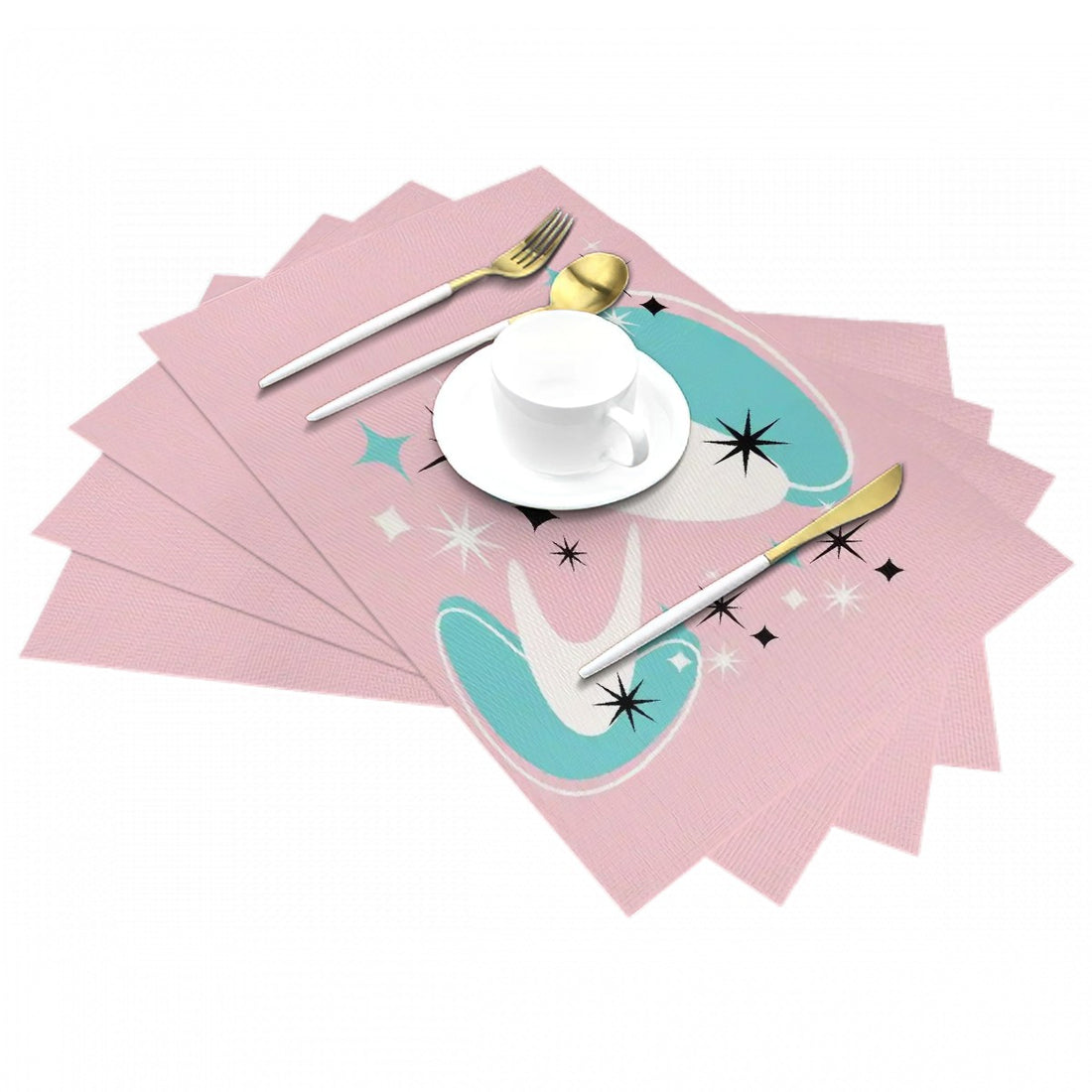 50s Pink Atomic Boomerang Aqua Blue White Mid Mod Woven Placemat - Mid Century Modern Gal