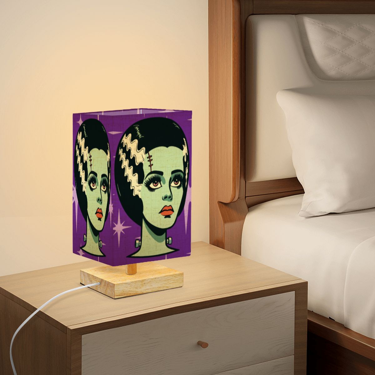 Bride of Frankenstein Retro Mid Mod Horror Buff Purple Halloween Square Table Lamp - Mid Century Modern Gal