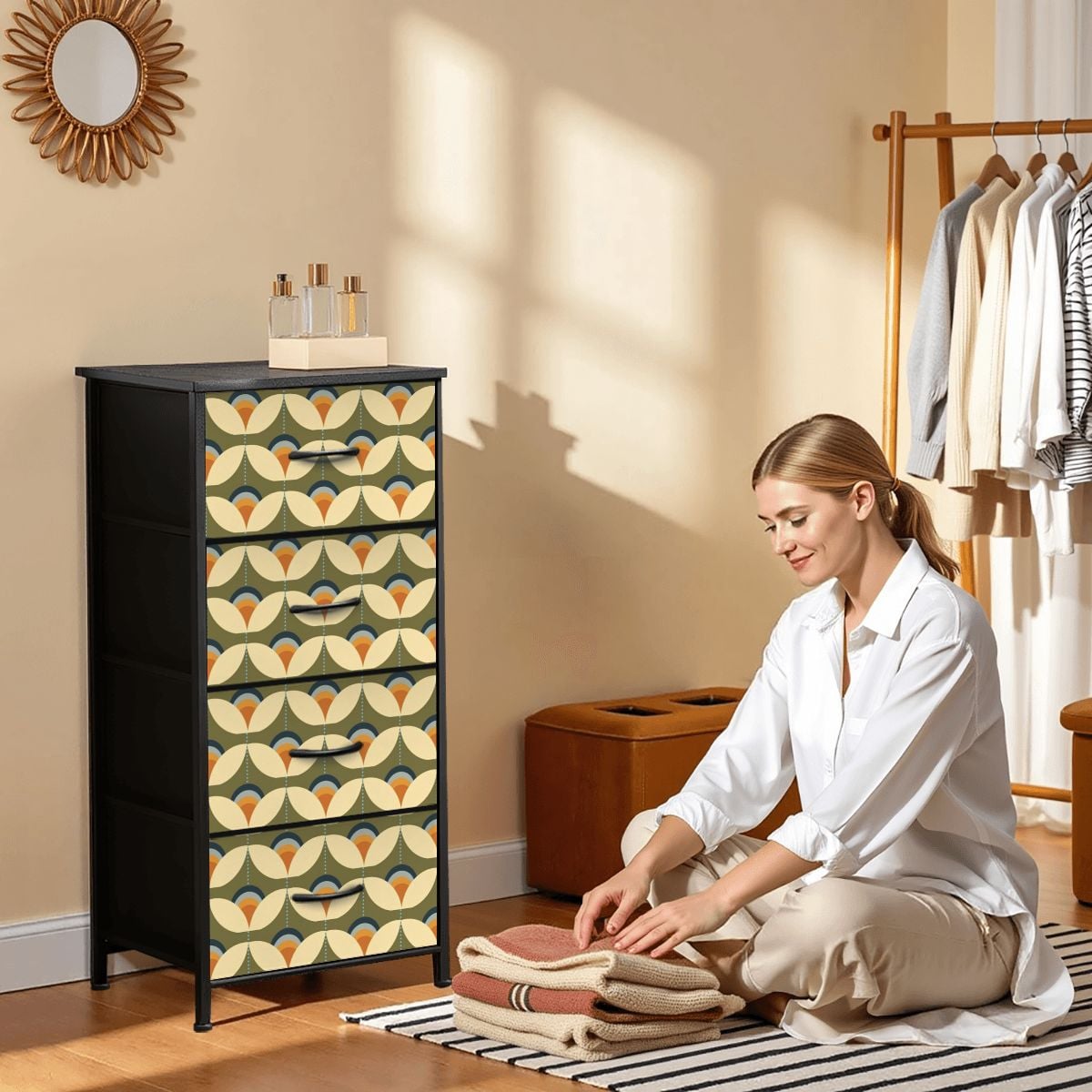 Mid Century Modern Scandinavian Olive Green Floral 4-Drawer Dresser - Mid Century Modern Gal
