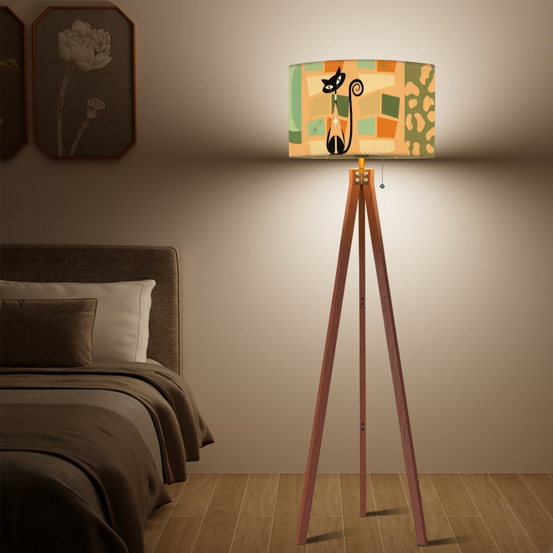 Atomic Cat Mid Century Modern Tripod Floor Lamp, Light Coral Orange, Green Mod Home Lighting