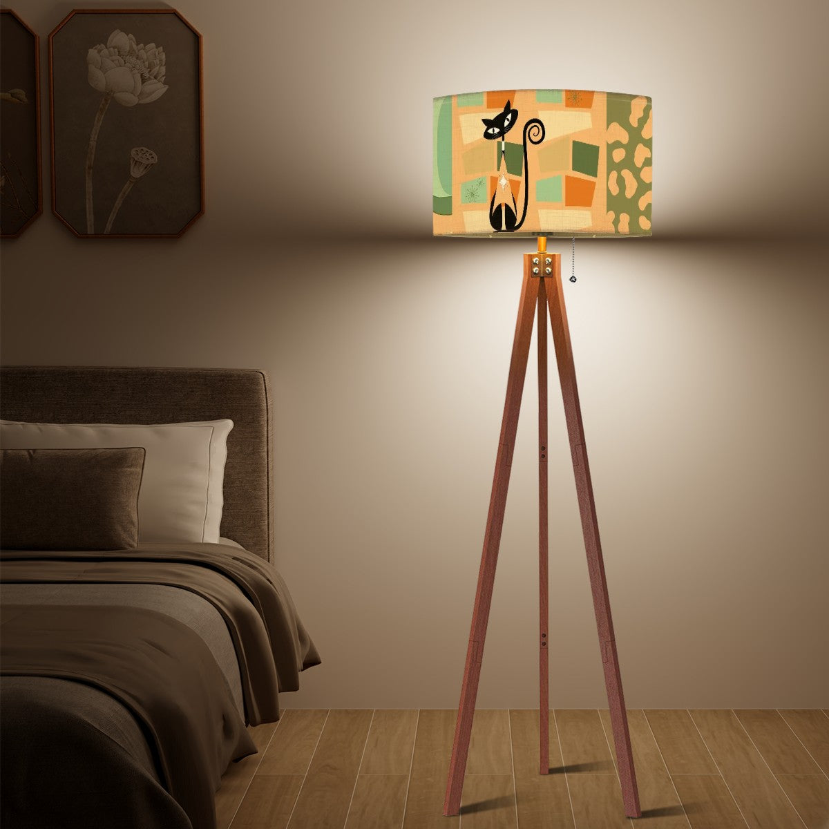 Atomic Cat Mid Century Modern Tripod Floor Lamp, Light Coral Orange, Green Mod Home Lighting