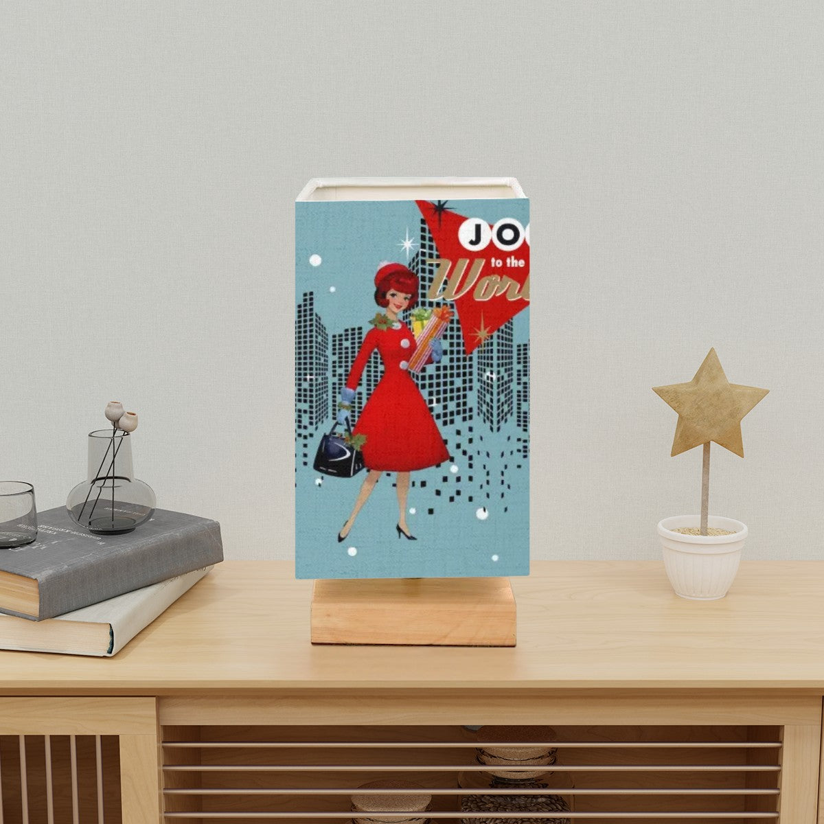 Mid Century Modern Christmas Table Lamp, Kitschy Joy To The World Mod Gal In City Square Table Lamp - Mid Century Modern Gal
