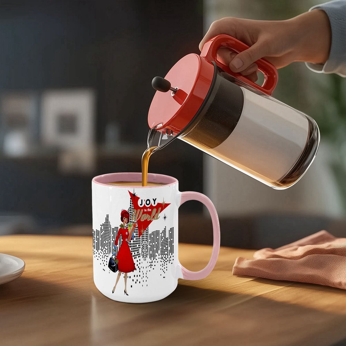 Mid Century Modern Christmas mug featuring a cityscape design and a stylish woman in red, perfect for holiday cheer.