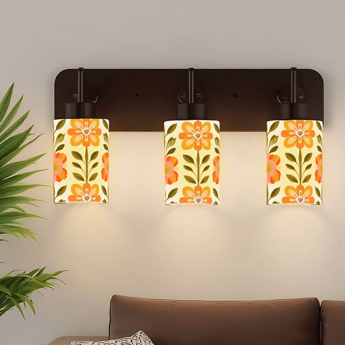 Scandinavian Modern Floral Orange And Green Cylindrical Glass Lampshades - Mid Century Modern Gal