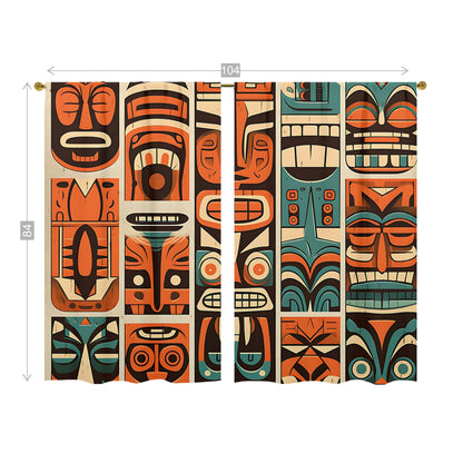 Tiki Idol Mid Mod Retro Orange, Teal Beige Window Curtains (two panels)