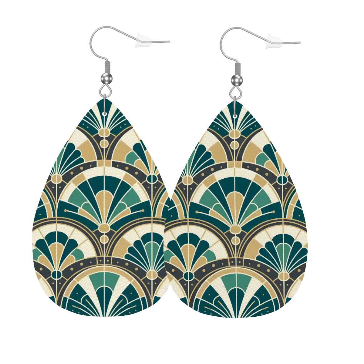 Art Deco Peacock Inspired Vegan Leather Teardrop Earrings - Mid Century Modern Gal