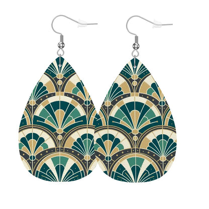 Art Deco Peacock Inspired Vegan Leather Teardrop Earrings - Mid Century Modern Gal