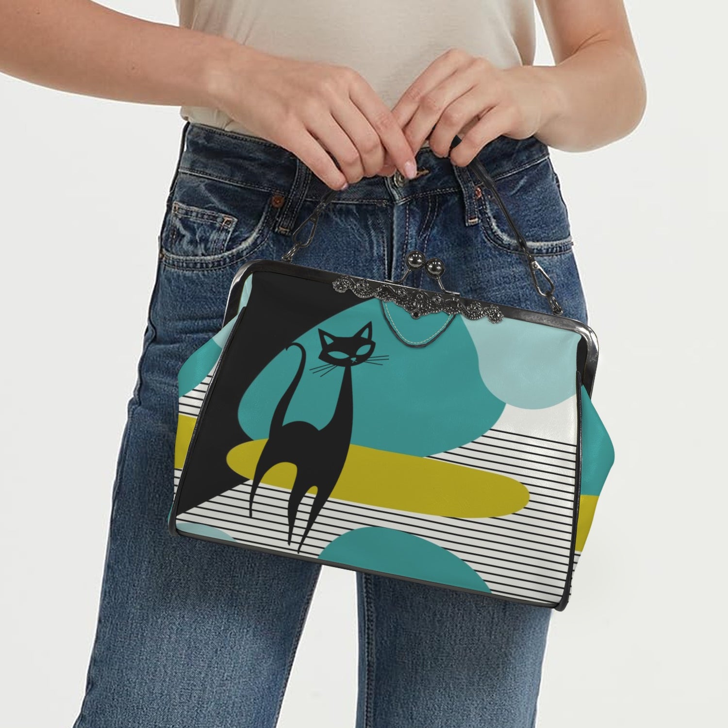 Mid Century Modern Atomic Cat Amoeba Designed Retro Kisslock Crossbody Purse - Mid Century Modern Gal