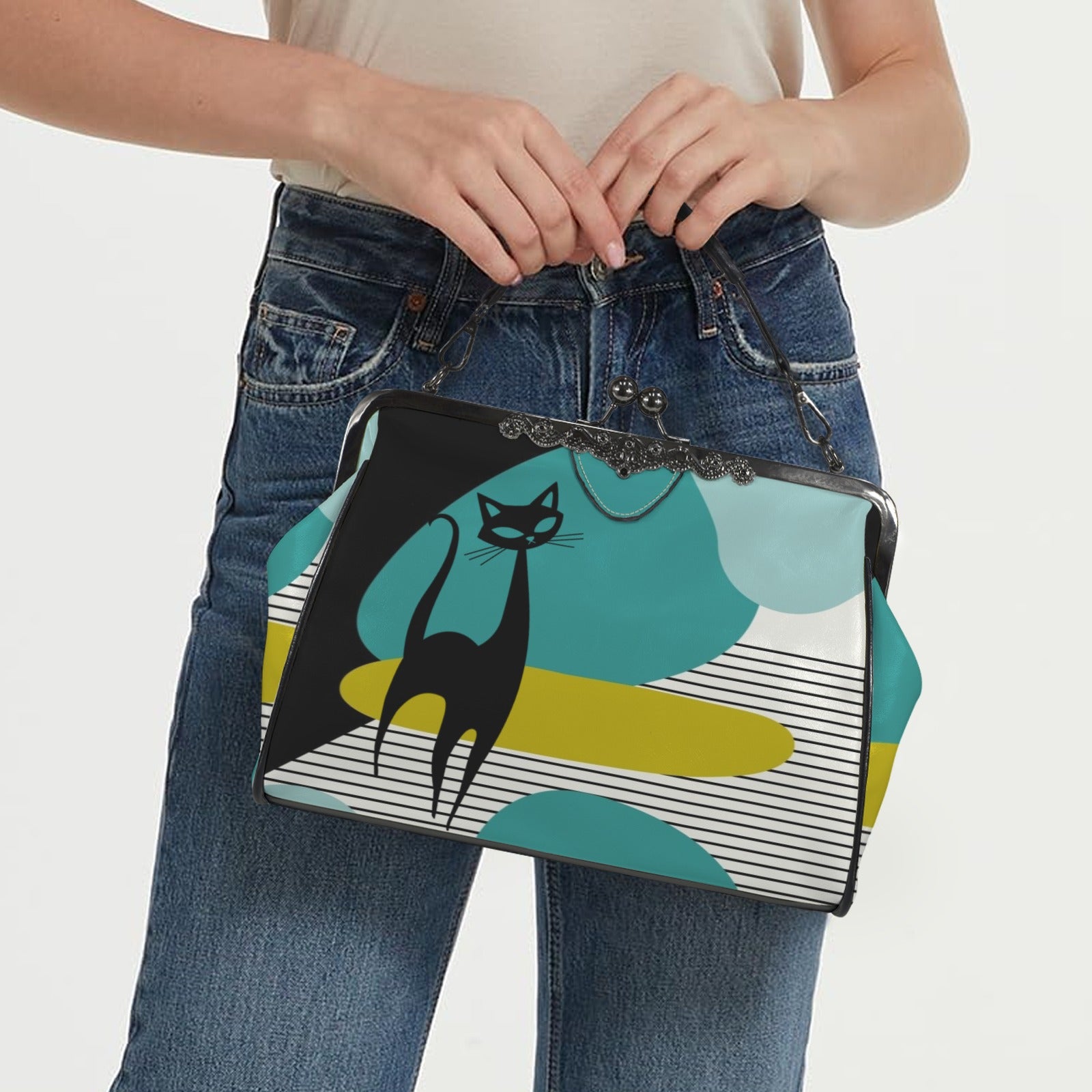 Mid Century Modern Atomic Cat Amoeba Designed Retro Kisslock Crossbody Purse - Mid Century Modern Gal