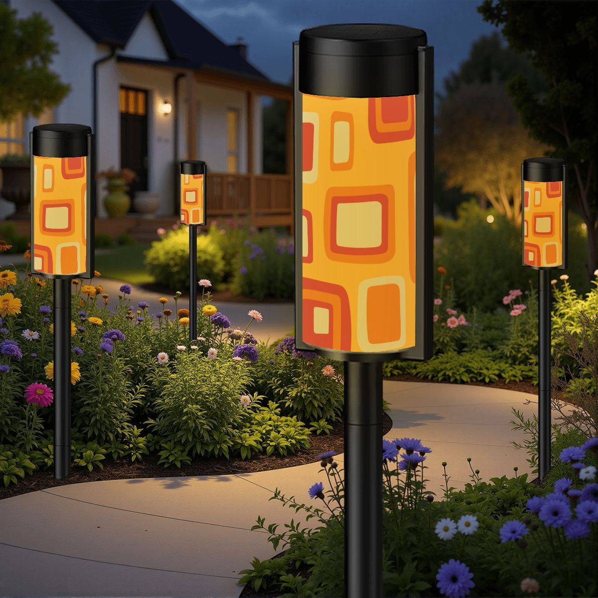 Mid Mod Retro Orange Yellow Geometric MCM Outdoor Solar Lights - Mid Century Modern Gal