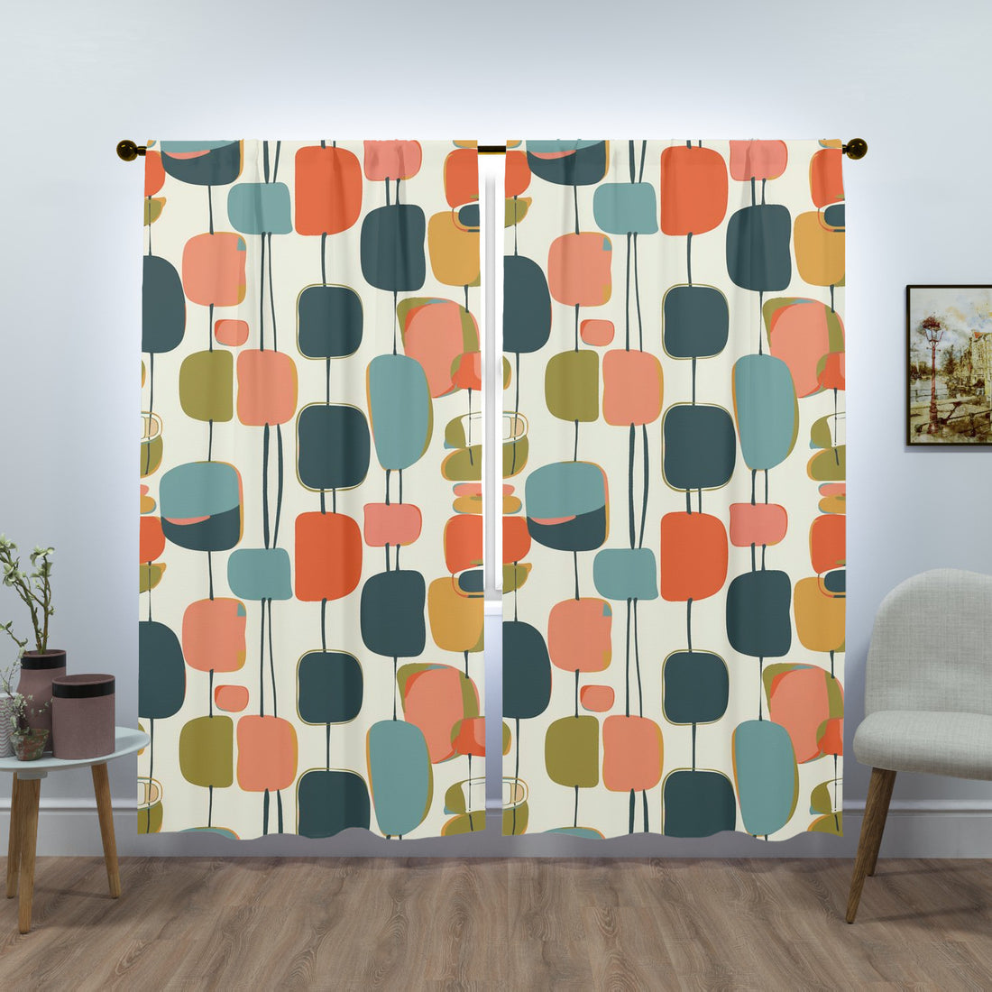 Mid Century Modern Geometric Colorful Fun Retro Mod Window Curtains (two panels)