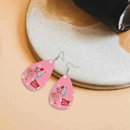 Mid Century Modern Christmas Old Timey Santa Pink Mod 50s Gal Faux Leather Teardrop Earrings - Mid Century Modern Gal