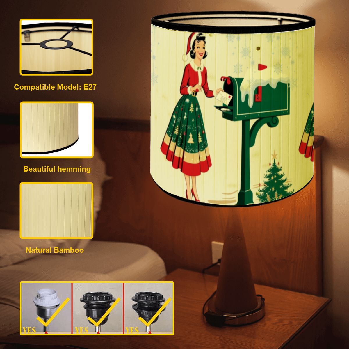 Mid Century Christmas Holiday Shade,Bamboo Drum Lampshade, Mod 50s Gal Holiday Accent Shade - Mid Century Modern Gal