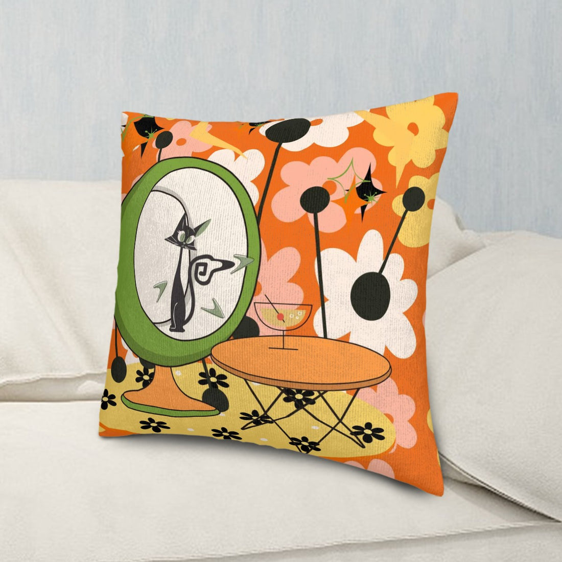 Retro Flower Power Groovy Cat Plush Throw Pillow Covers 2 pcs - Mid Century Modern Gal