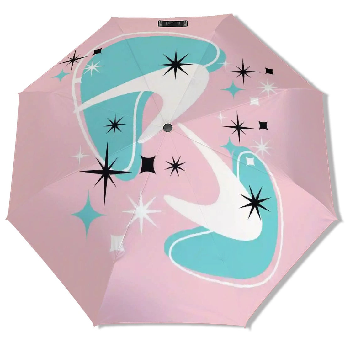 Pink And Aqua Atomic Boomerang Mid Mod Starbursts Designed UV Protection Umbrella - Mid Century Modern Gal