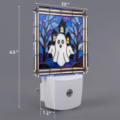 Halloween Stained Glass Style Ghost Haunted House LED Night Light Set of 2