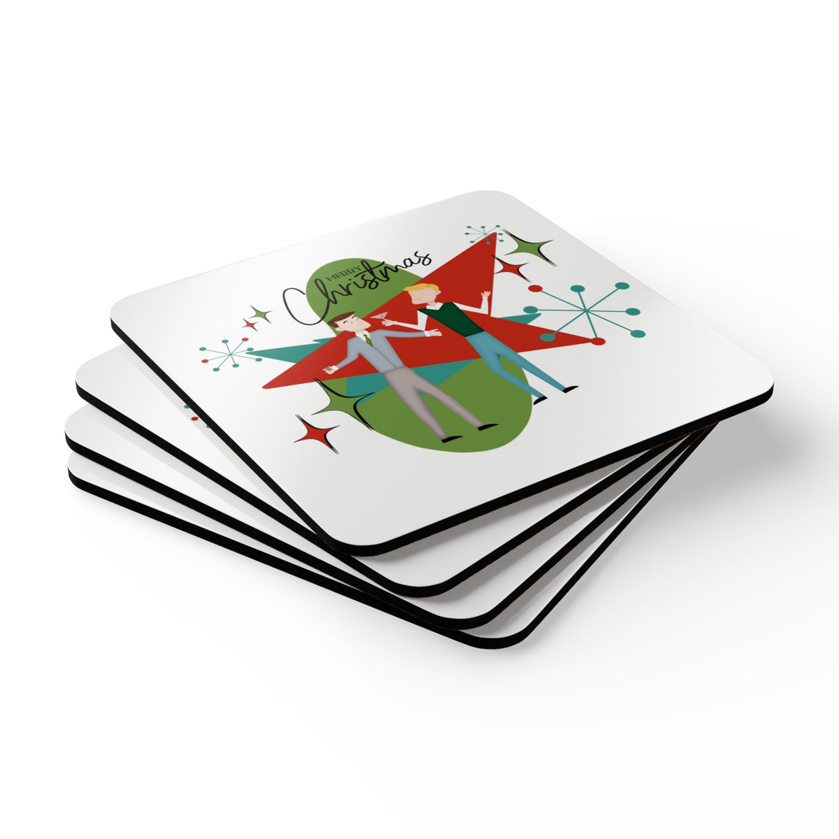 Mid Century Modern Christmas Coaster, Gay Male Couple Kitschy 50's Designed Corkwood Coaster Set - Mid Century Modern Gal
