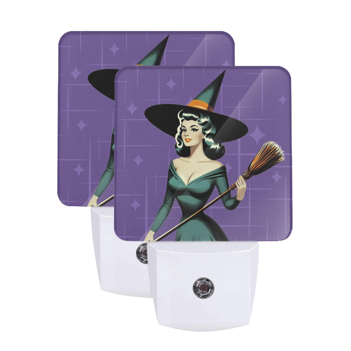 Mid Century Modern Vintage Pin Up Witch Purple Teal Halloween LED Night Light Set of 2 - Mid Century Modern Gal