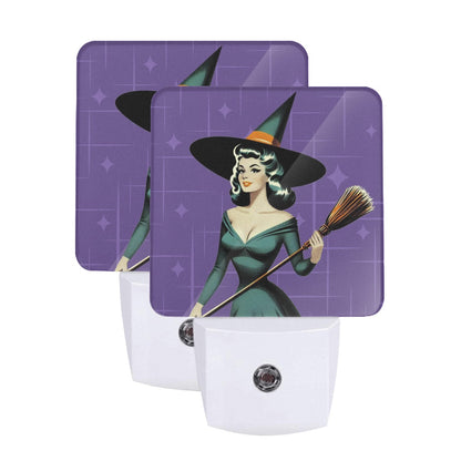 Mid Century Modern Vintage Pin Up Witch Purple Teal Halloween LED Night Light Set of 2 - Mid Century Modern Gal