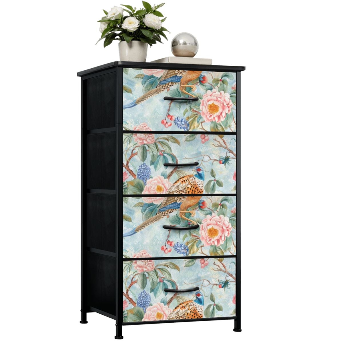 Chinoiserie Designed Floral Blue Pink Cottagecore Beautiful Botanical 4-Drawer Dresser - Mid Century Modern Gal