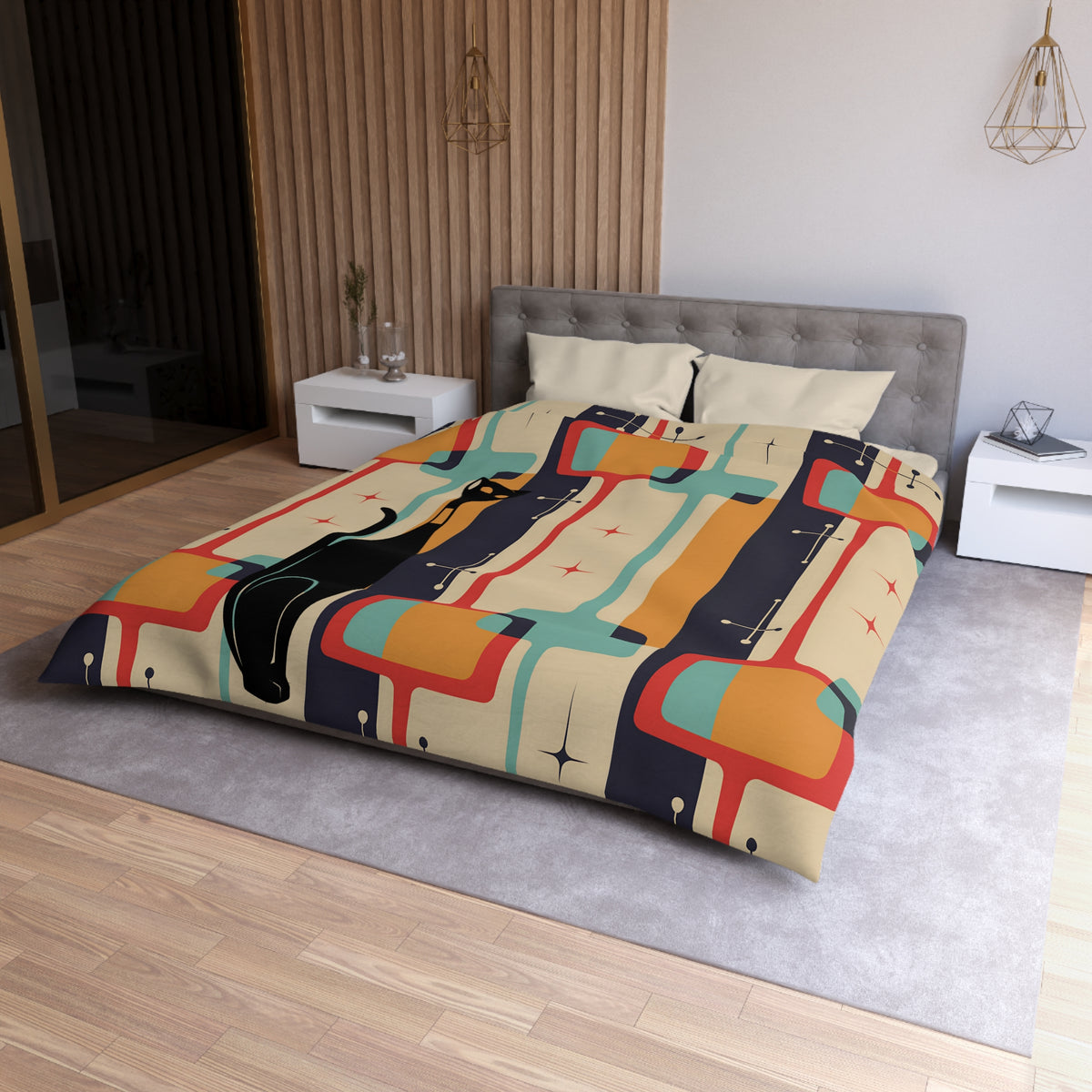 Atomic Cat, Mid Century Modern Bedding, Geometric, Slate, Beige, Burnt Orange, Golden Mustard Yellow, Aqua Blue, Retro Queen Duvet Cover - Mid Century Modern Gal