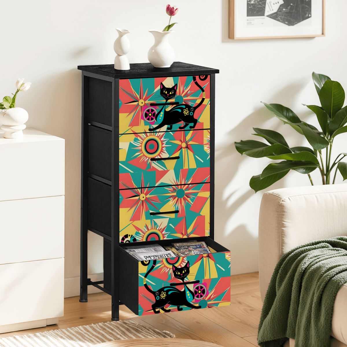 Mid Century Modern Atomic Cat, Coral, Yellow, Teal Mod Retro Funky 4-Drawer Dresser - Mid Century Modern Gal
