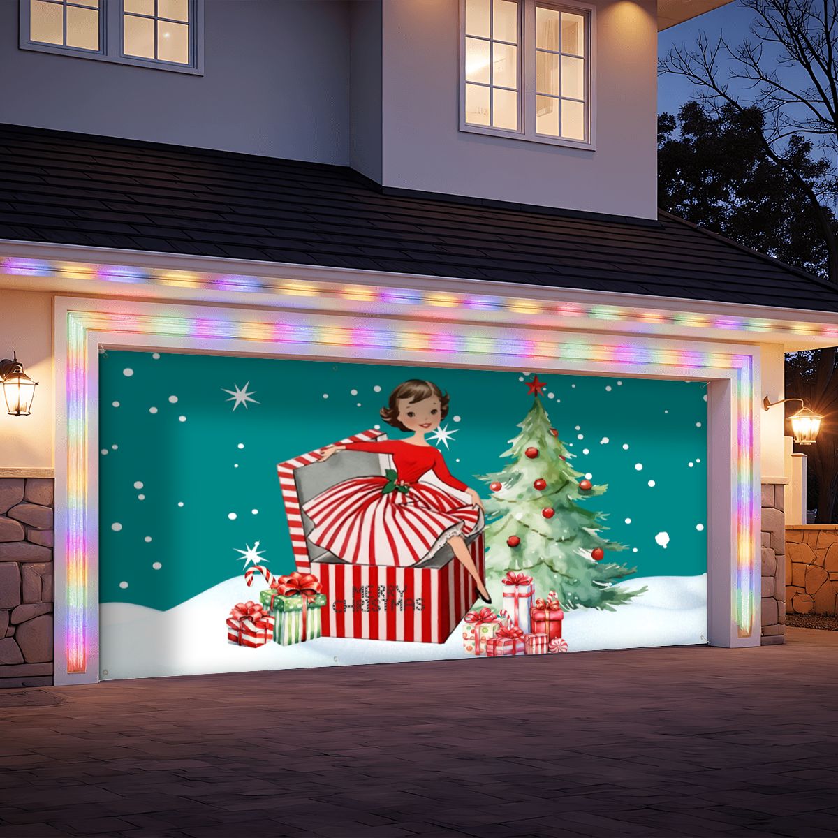 Mid Century Modern 50s Christmas Kitschy Modern Festive Garage Door Banner Backdrop - Mid Century Modern Gal