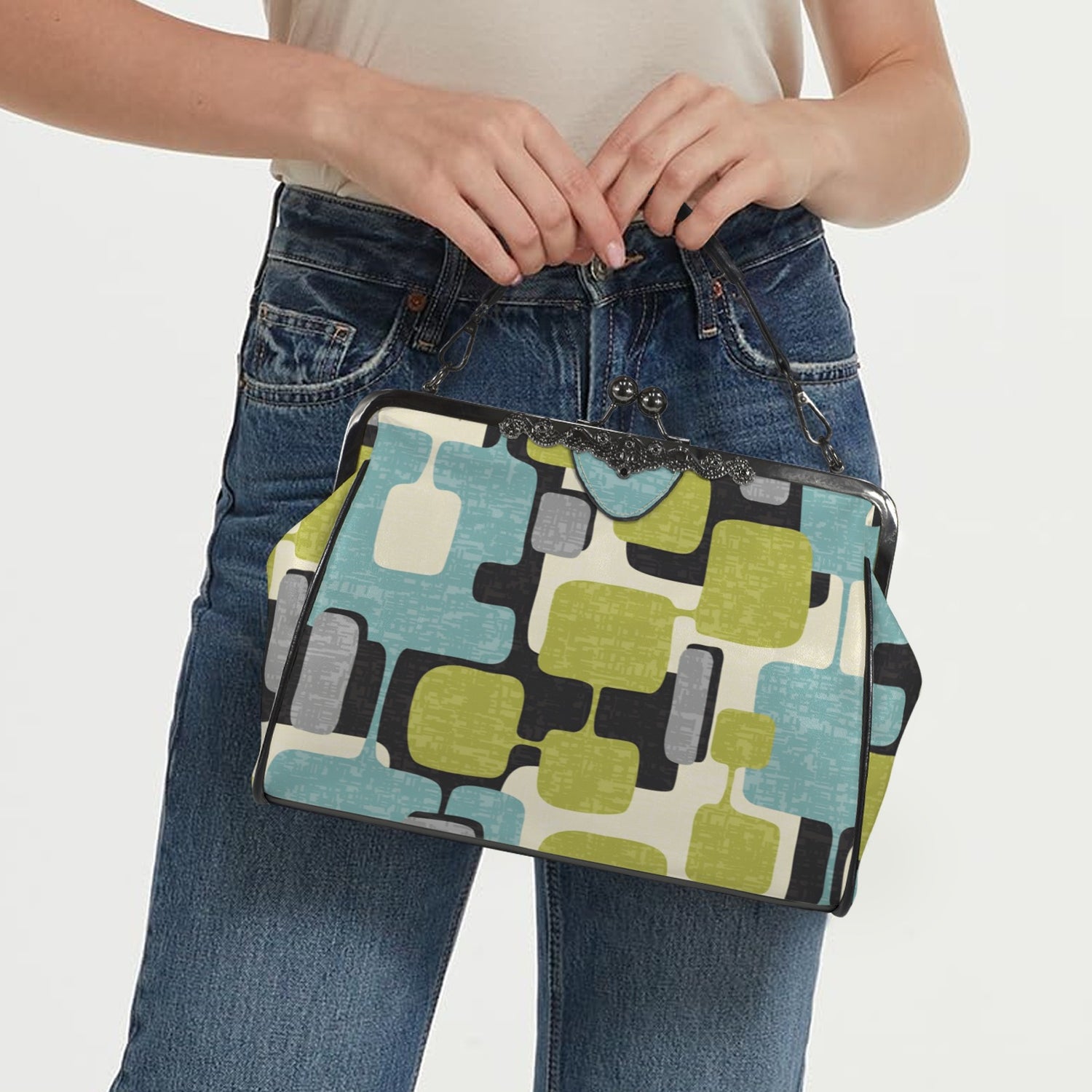 Mid Century Modern Geometric Designed Mod Teal Green Kisslock Crossbody Purse - Mid Century Modern Gal