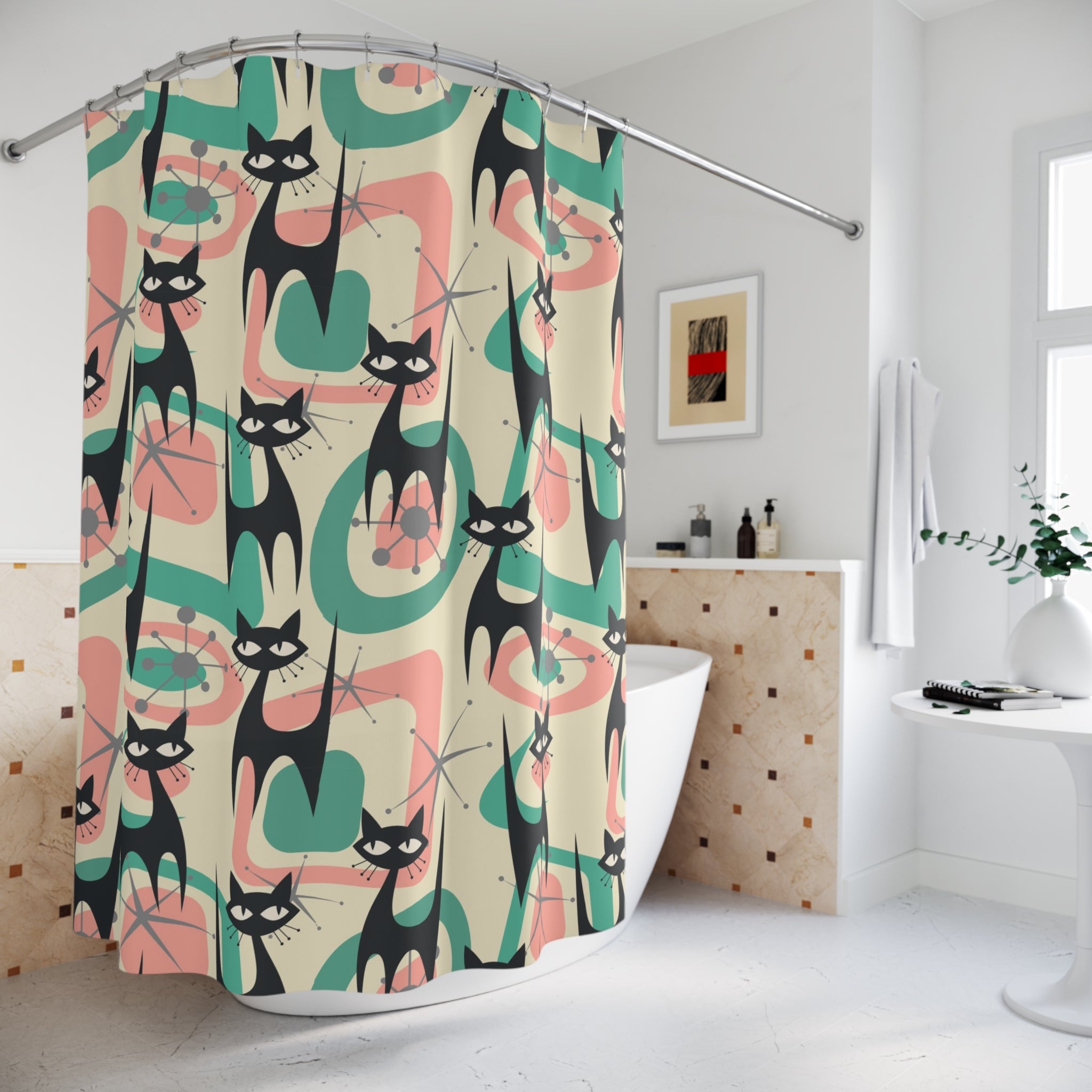 Atomic Kittie Cat, Mid Century Modern Mint Green Coral Pink Shower Curtain - Mid Century Modern Gal