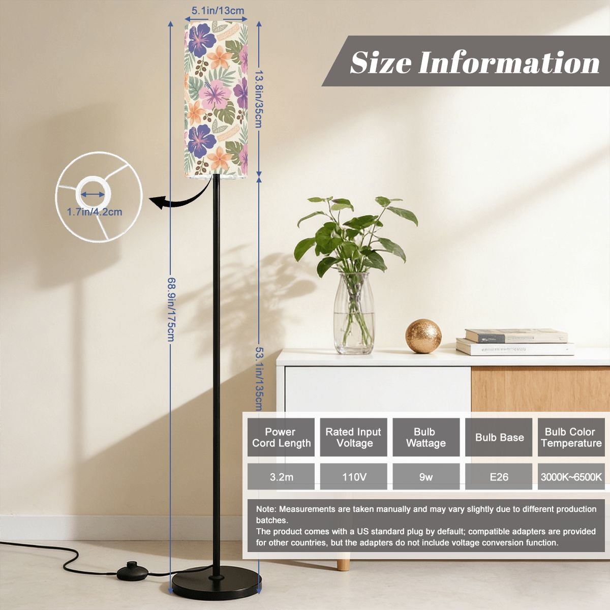 Retro Tropical Tiki Summer, Hawaiian Hibiscus Purple Slim Floor Lamp - Mid Century Modern Gal