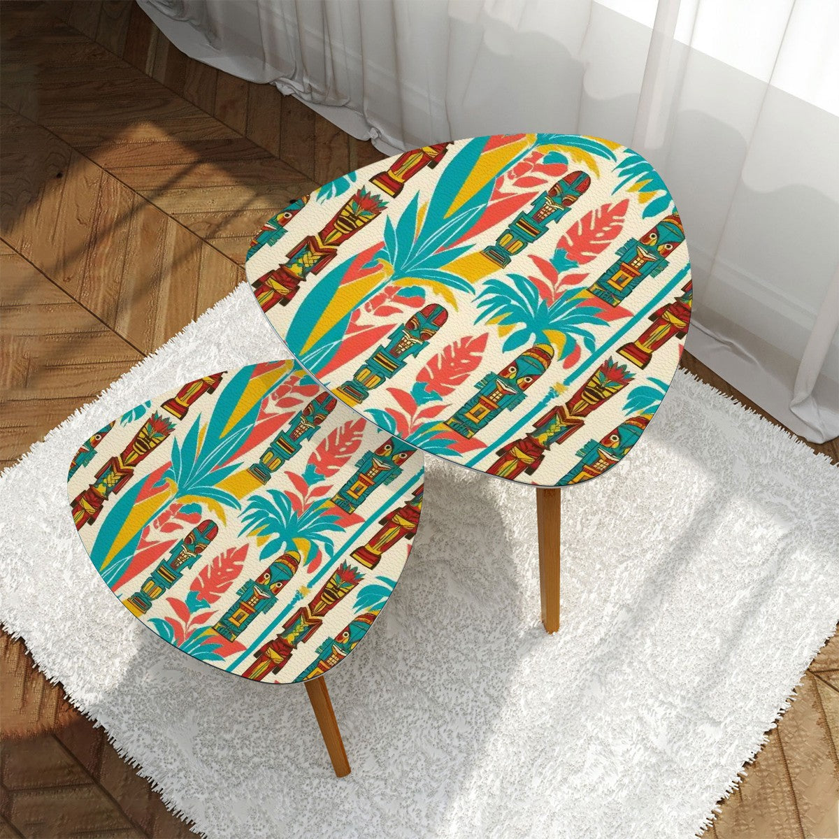 Mid Century Modern Tiki Tables, Coral, Aqua Tiki Idols Nesting Side Tables - Mid Century Modern Gal