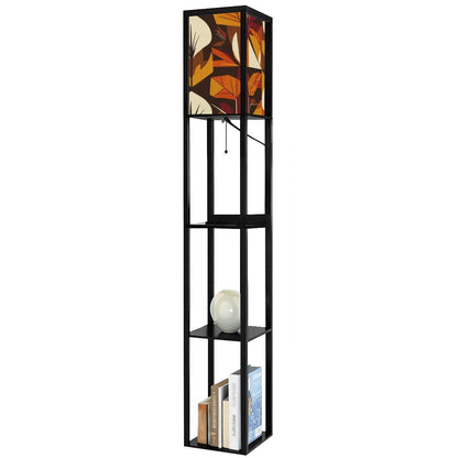 Modern Scandinavian Floral Harvest Blend Golden Yellow, Orange Mid Mod Floor Lamp with Shelves - Mid Century Modern Gal