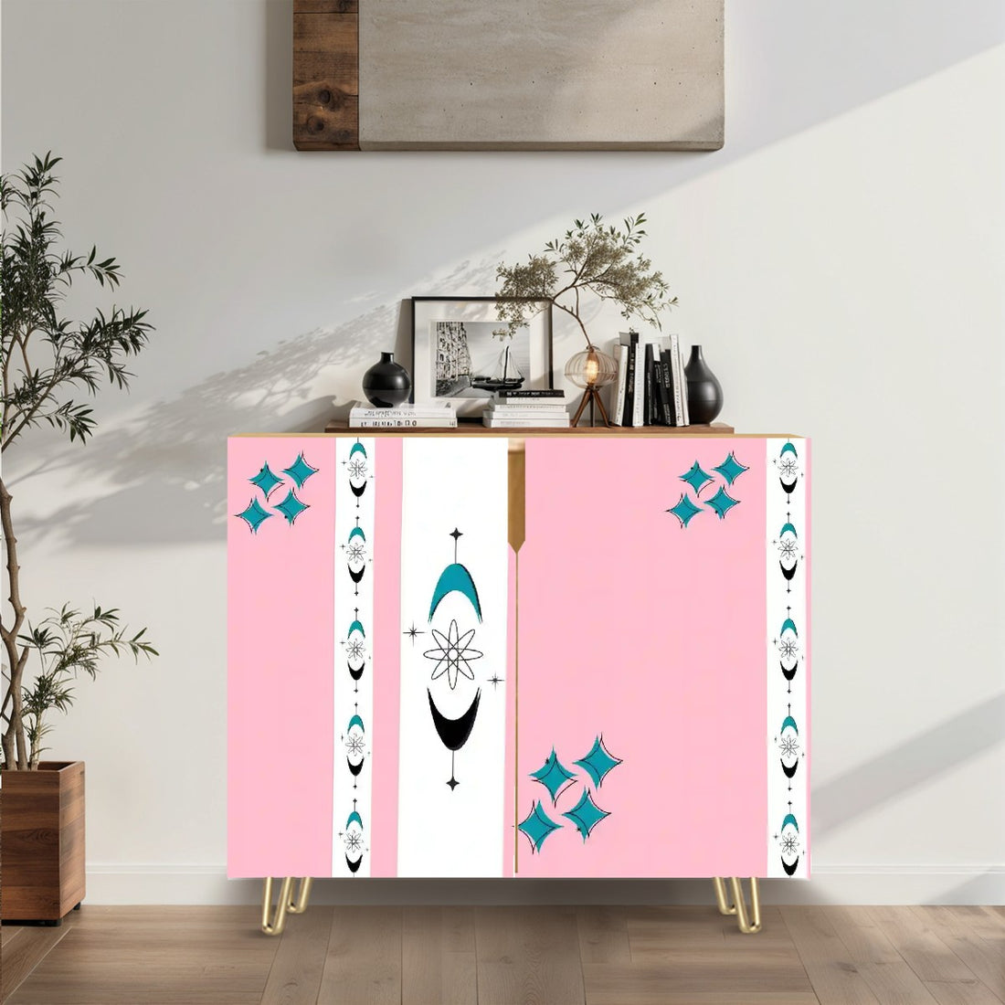Atomic Starbursts, Pink Aqua Mid Century Modern Credenza Sideboard Storage Cabinet - Mid Century Modern Gal
