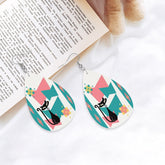 Atomic Kitschy Cat, Pink Teal Retro Vegan Leather Teardrop Earrings - Mid Century Modern Gal