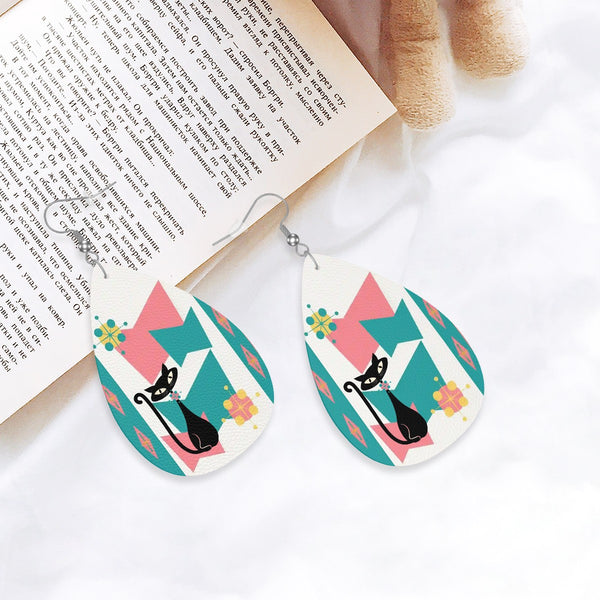 Atomic Kitschy Cat, Pink Teal Retro Vegan Leather Teardrop Earrings