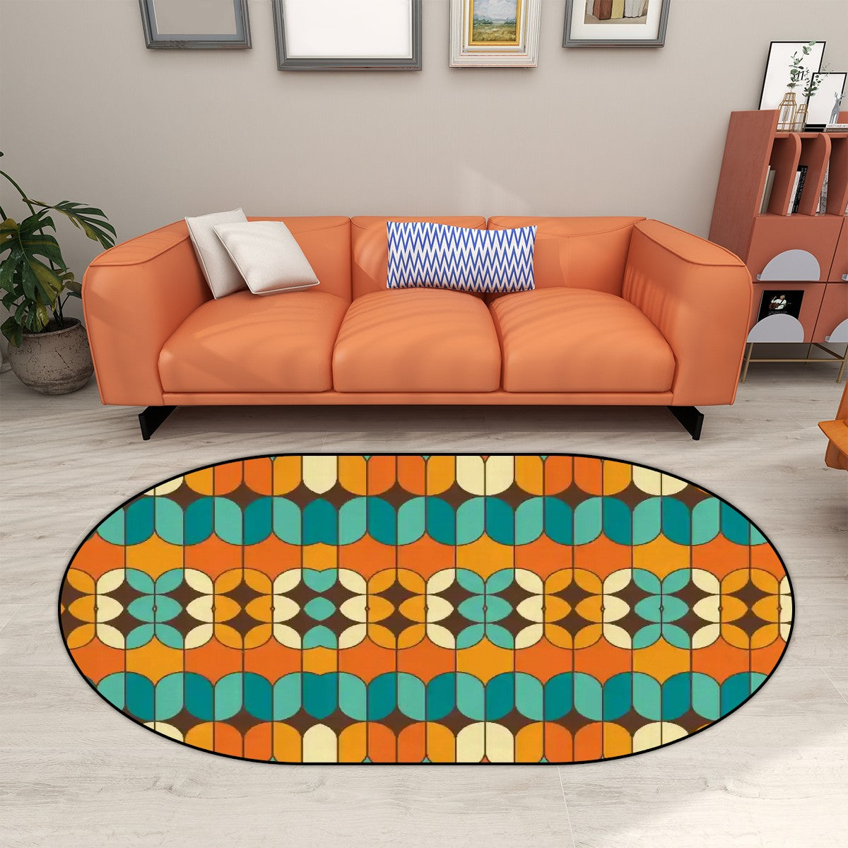 Mid Century Modern Orange Teal Retro Geometric Cool Designed Oval Rug - Mid Century Modern Gal