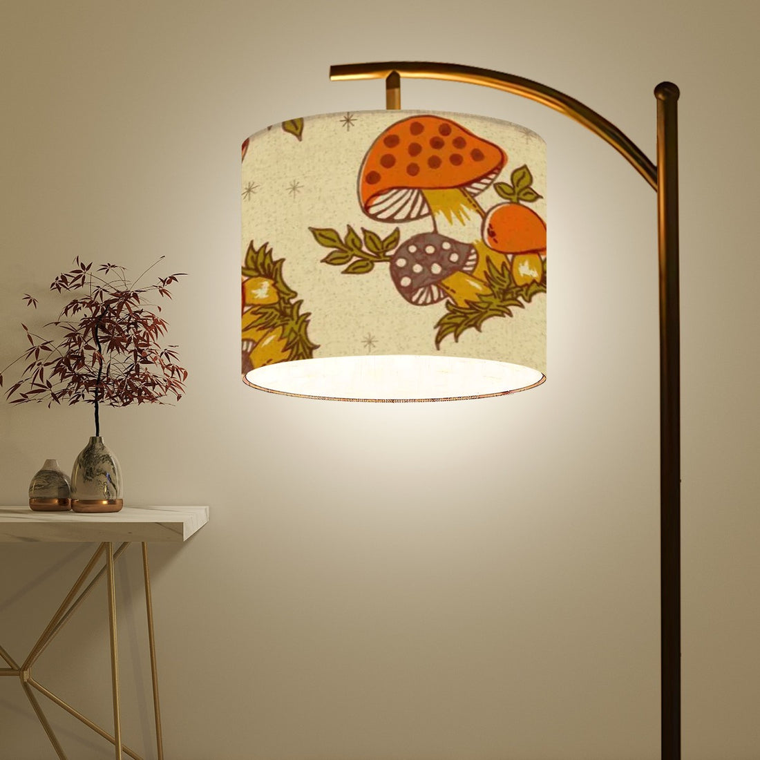 Arc Floor Lamp Adorned in 1970s Merry Mushroom Retro Mod Lighting