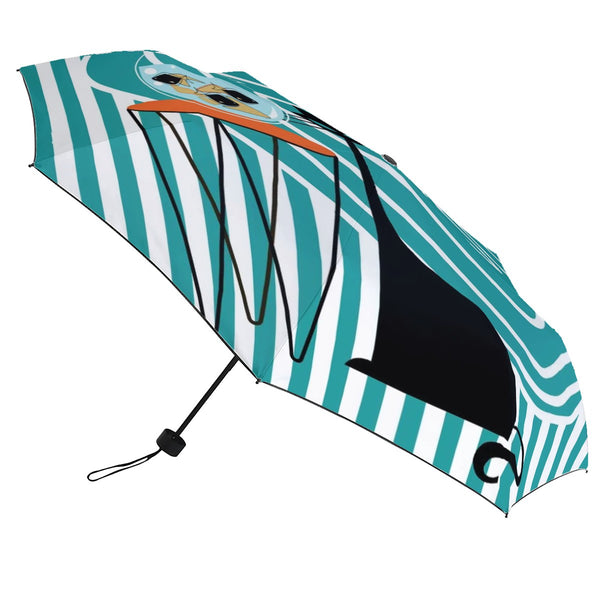 Atomic Cat Mid Mod Fish Art Quirky Fun Blue White Striped UV Protection Umbrella