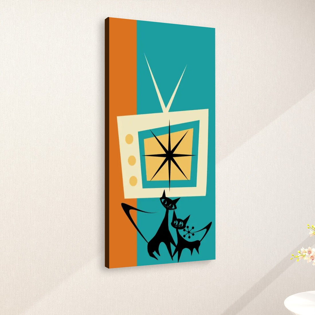 Atomic Cat Wall Art, Kitschy Mid Mod Teal Orange Retro TV Large Canvas - Mid Century Modern Gal