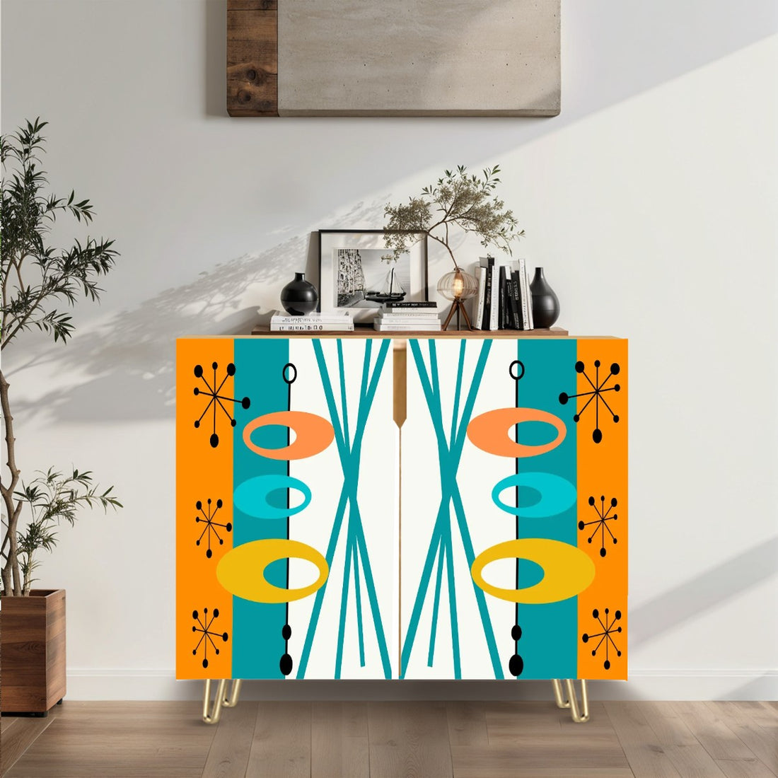 Atomic 50s Orange, Teal Mid Century Modern Wooden Storage Cabinet - Mid Century Modern Gal