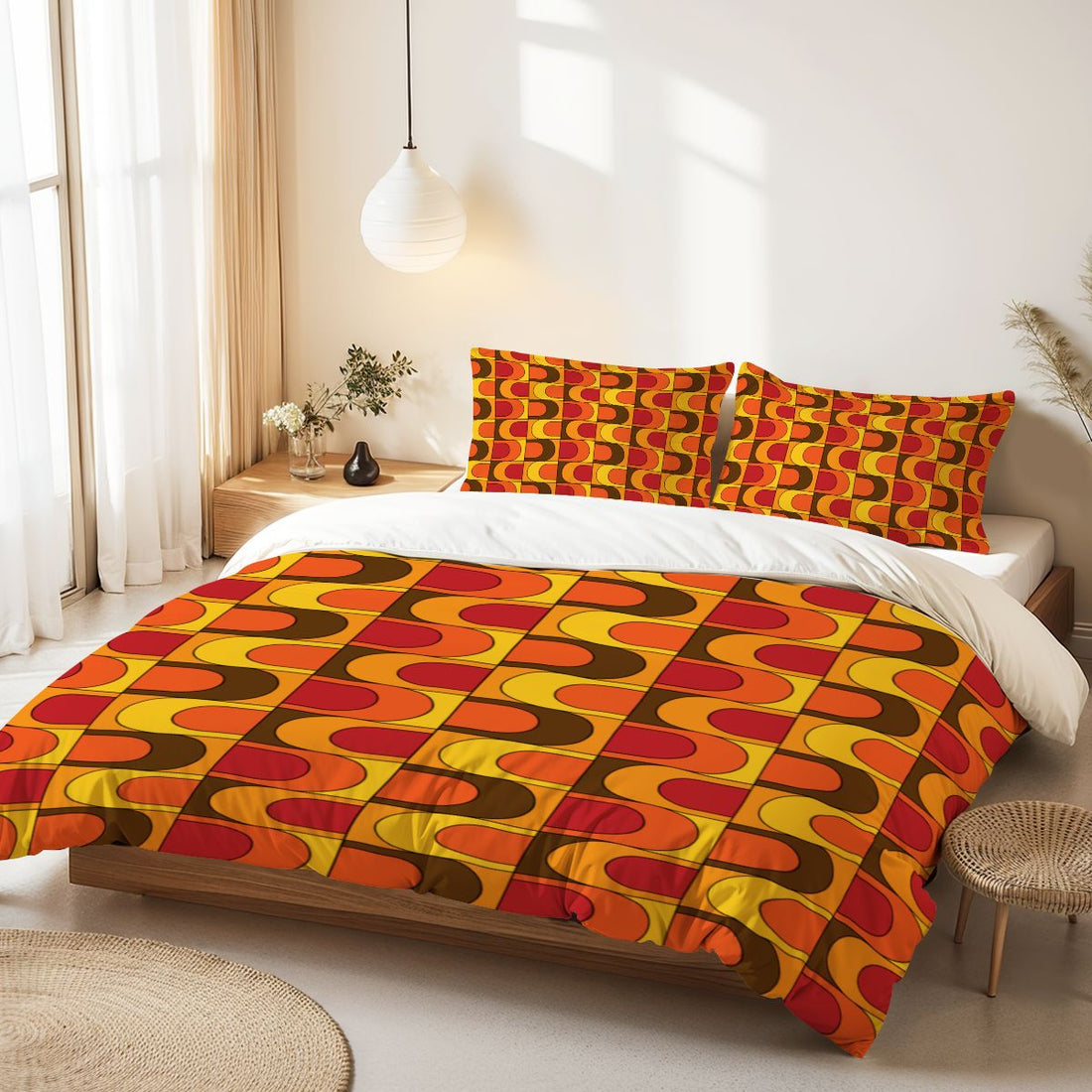 Retro 70s Mid Mod Groovy Orange, Brown Yellow, Red, MCM Queen Duvet Cover Set - Mid Century Modern Gal