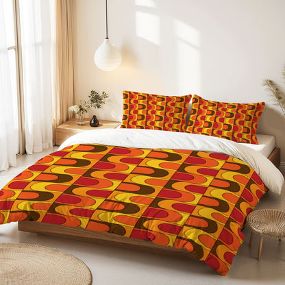 Retro 70s Mid Mod Groovy Orange, Brown Yellow, Red, MCM Queen Duvet Cover Set - Mid Century Modern Gal