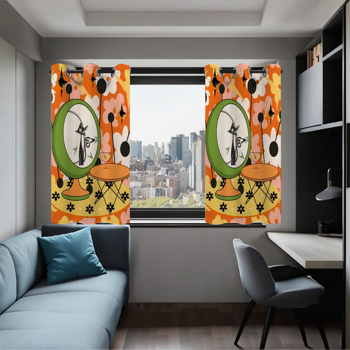 Retro Flower Power Pop Of Orange, Fun Funky Atomic Cat In Egg Chair Blackout Curtains 2 pcs - Mid Century Modern Gal